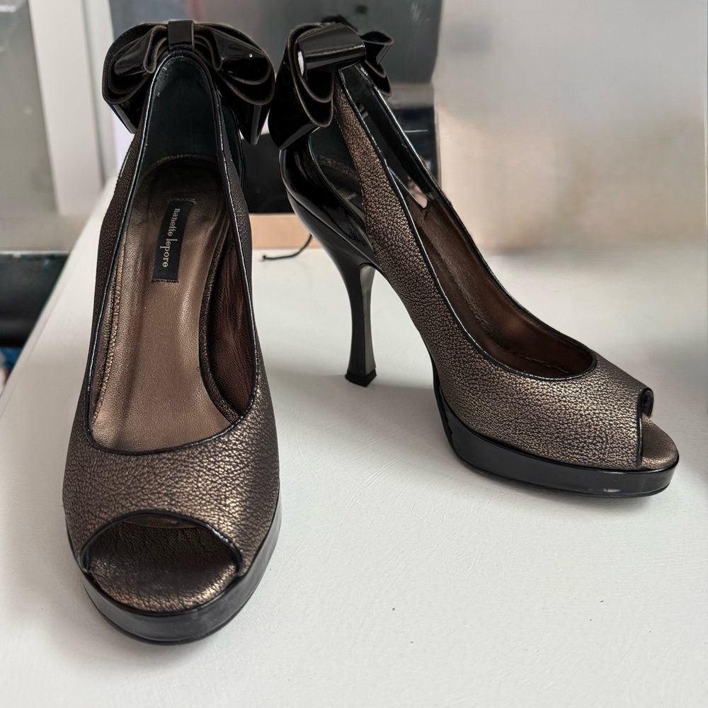 Nanette Lepore Bronze Peep-Toe Heels